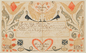 Wythe County, Va., folk art watercolor and ink on paper fraktur birth and baptismal record, circa 1819, attributed to the Wild Turkey artist. Price realized: $27,600. Jeffrey S. Evans & Associates image
